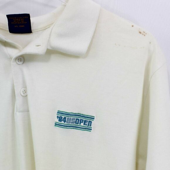 80s Vintage Mens '84 US Open Short Sleeve Polo Shirt White Blue Cream - Picture 8 of 11